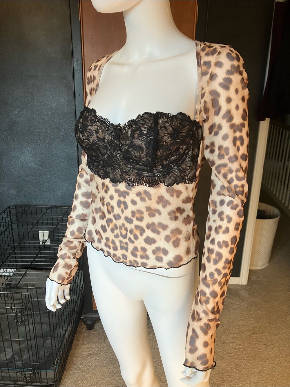 I.AM.GIA Leopard Mesh Long Sleeve Top with Black Lace Bust - Picture 3 of 6